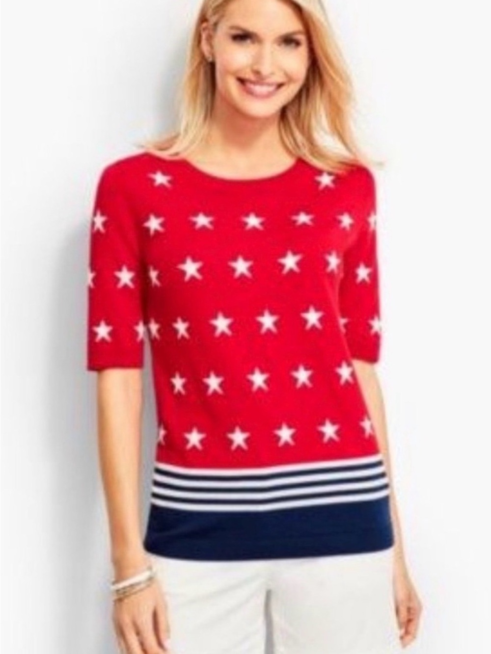 Talbots Red Star Print Crewneck Sweater with Navy Hem